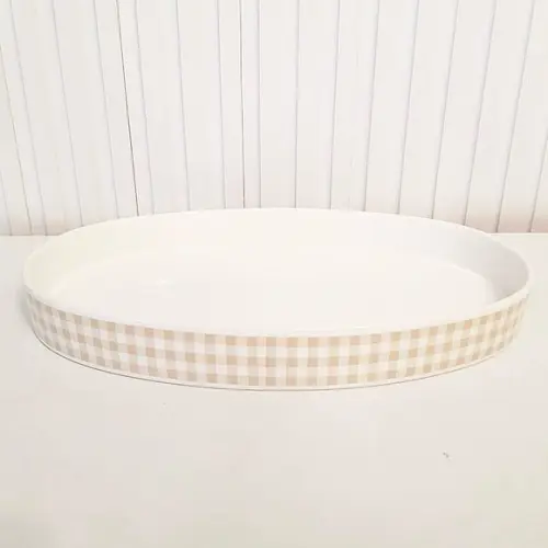 Bandeja de Cerâmica Oval Xadrez Bege para Kit Higiene Bebê