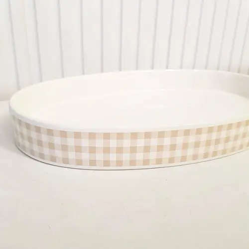 Bandeja de Cerâmica Oval Xadrez Bege para Kit Higiene Bebê