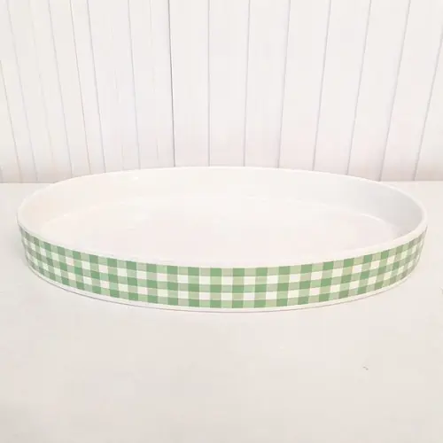 Bandeja de Cerâmica Oval Xadrez Verde para Kit Higiene Bebê