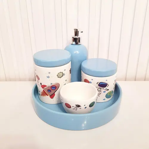 Bandeja de Cerâmica Redonda Pequena Azul Bebê Kit Higiene