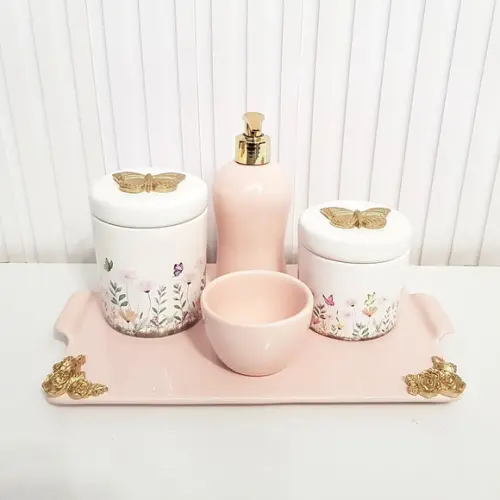 Bandeja de Cerâmica Reta Rosa Rosé com Detalhes Dourados