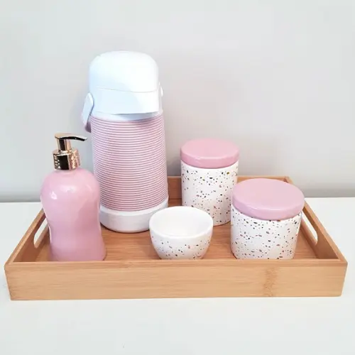 Garrafa Térmica com Capa Alinhavada Rosa Antigo para Higiene