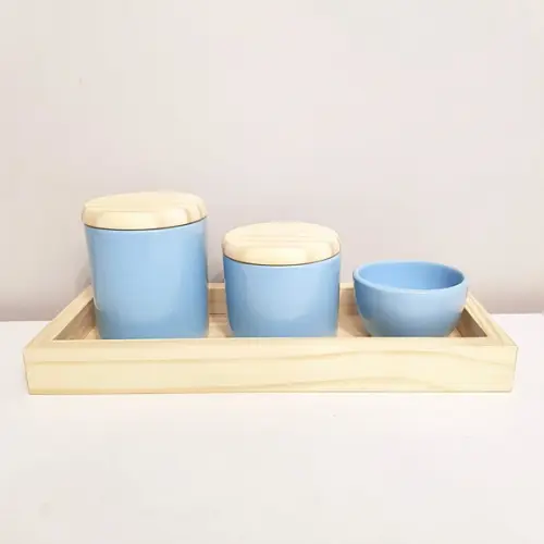 Kit Higiene 13x33cm Azul Bebê Madeira Pinus