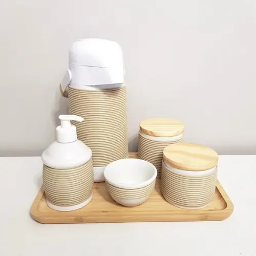 Kit Higiene 22x33cm Alinhavado Bege Camurça - Madeira