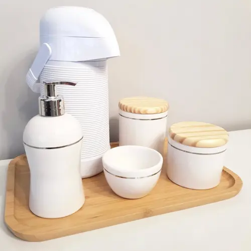 Kit Higiene 23x33cm Branco Filete Prata - Bandeja Bambu