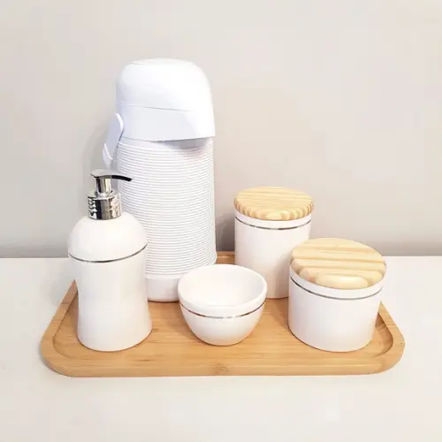 Kit Higiene 23x33cm Branco Filete Prata - Bandeja Bambu