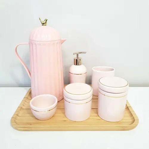 Kit Higiene 23x33cm Rosa Rosé e Dourado - Bandeja Bambu