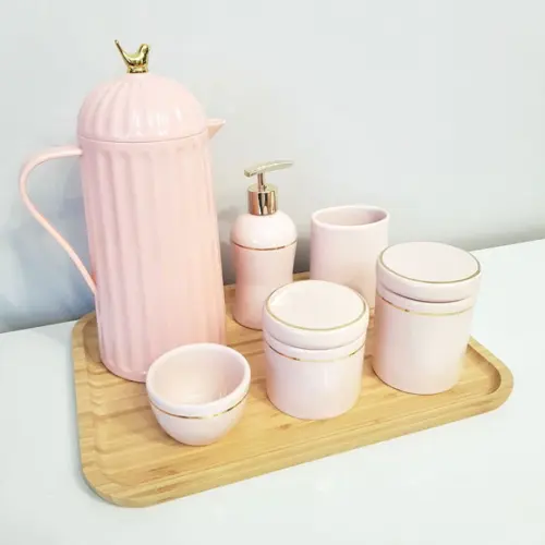Kit Higiene 23x33cm Rosa Rosé e Dourado - Bandeja Bambu