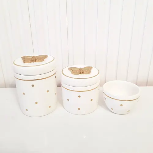 Kit Higiene 3 Pçs Branco c/ Poás e Filete Dourado Borboleta