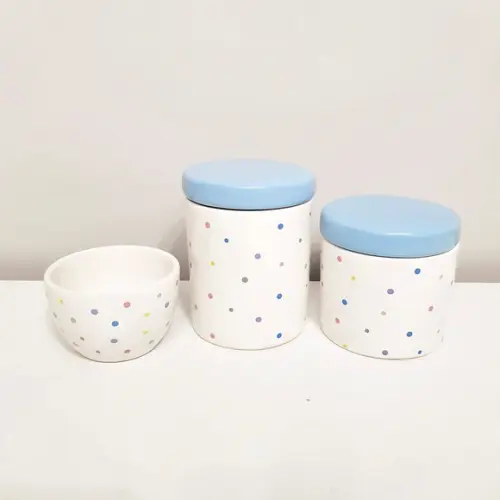 Kit Higiene 3 Pçs Cerâmica Poás Coloridos - Tampa Azul Bebê