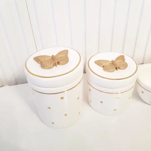 Kit Higiene 3 Pçs Branco c/ Poás e Filete Dourado Borboleta