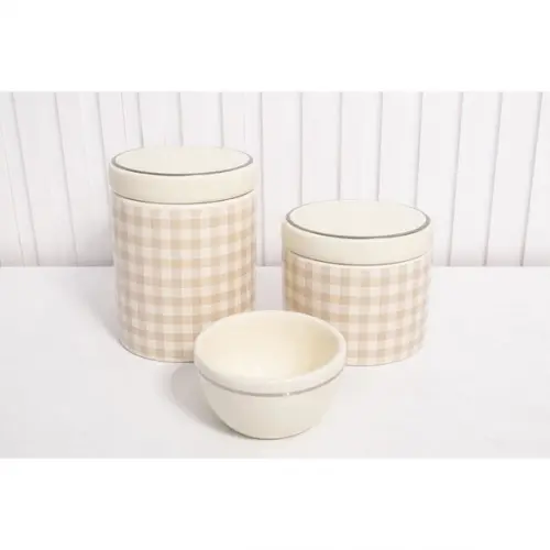 Kit Higiene 3 Pçs Xadrez Bege Creme Filete Prateado