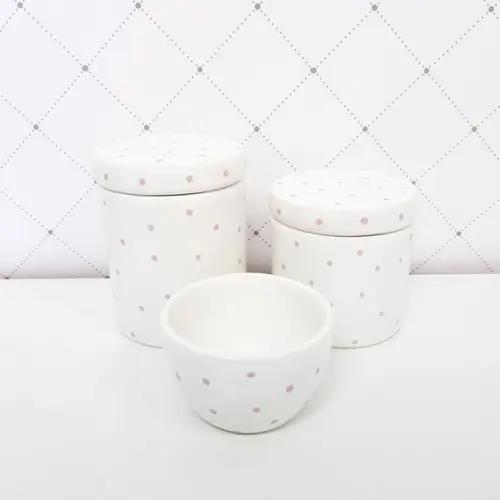 Kit Higiene 3 Peças Cerâmica Branco com Poás Rosa Bebê