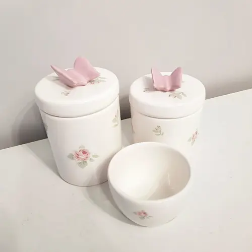 Kit Higiene 3 Peças Floral com Aplique Borboleta Rosa Bebê