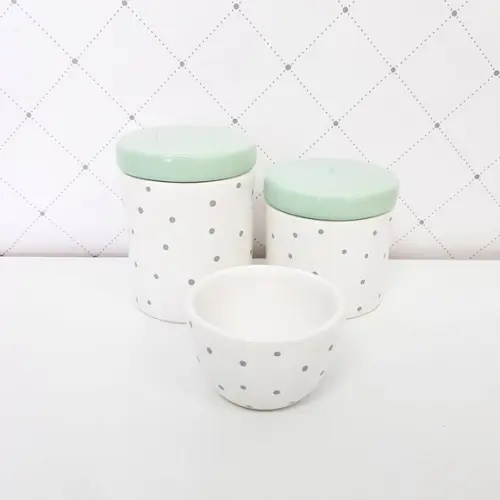 Kit Higiene 3 Peças Poá Cinza - Tampas Verde Bebê