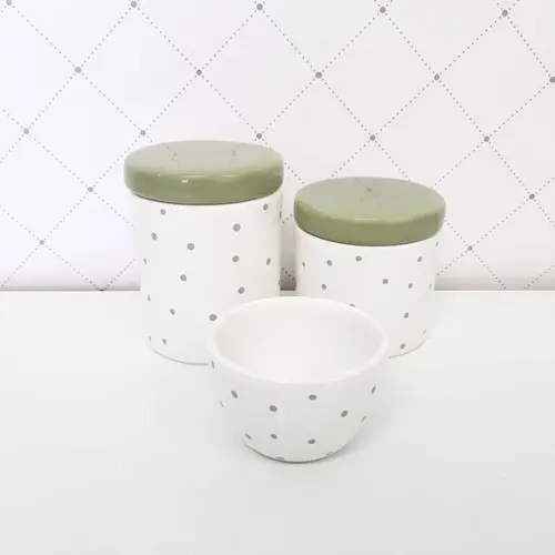 Kit Higiene 3 Peças Poá Cinza - Tampas Verde Militar/oliva