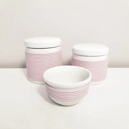 Kit Higiene 3 Peças Porcelana com Alinhavado - Rosa Antigo