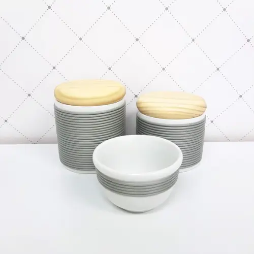 Kit Higiene 3 Peças Porcelana com Alinhavado - Cinza