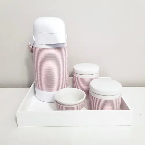 Kit Higiene 3 Peças Porcelana com Alinhavado - Rosa Antigo