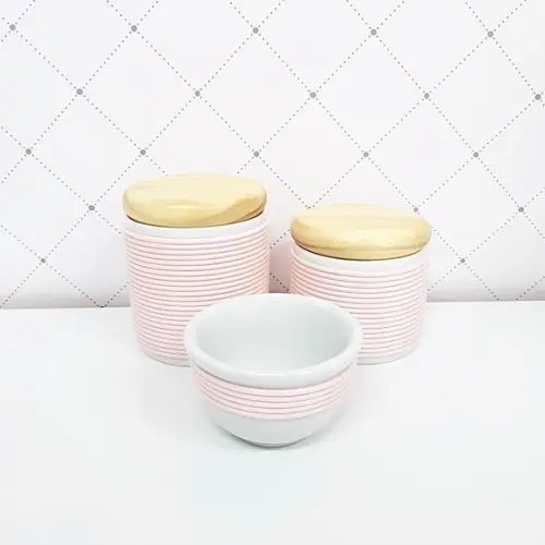 Kit Higiene 3 Peças Porcelana com Alinhavado - Rosé