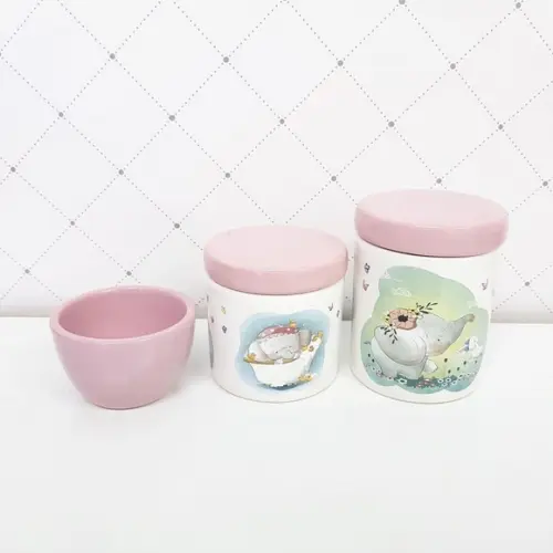 Kit Higiene 3 Peças Rosa Bebê e Branco - Elefantinha