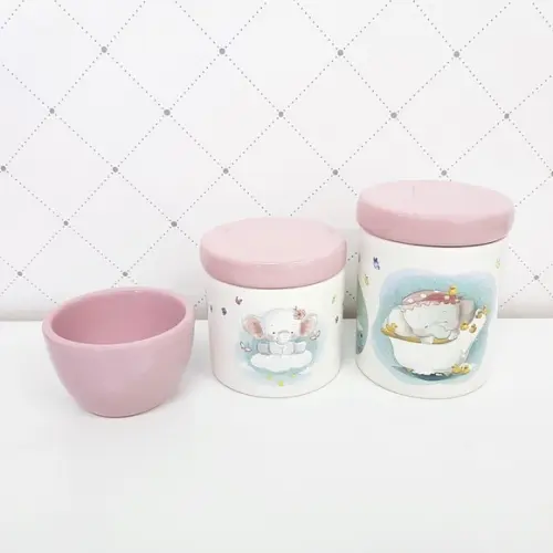 Kit Higiene 3 Peças Rosa Bebê e Branco - Elefantinha