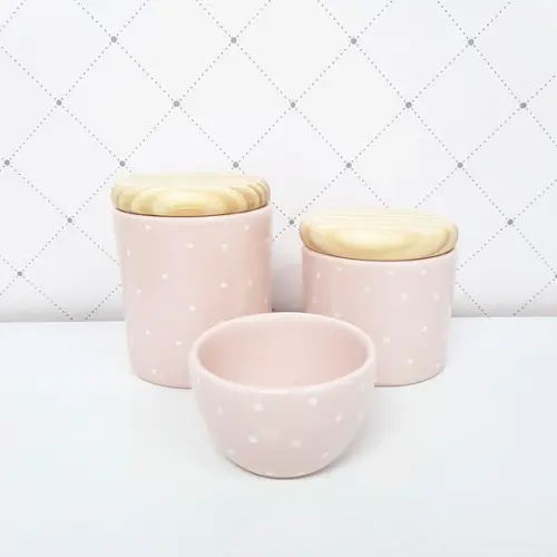 Kit Higiene 3 Peças Rosé com Poás Brancos - Tampa Pinus