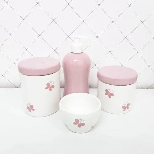 Kit Higiene 4 Peças Branco e Rosa Bebê - Borboleta
