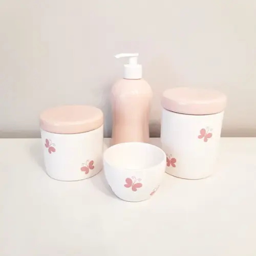 Kit Higiene 4 Peças Branco e Rosa Rosé - Borboleta