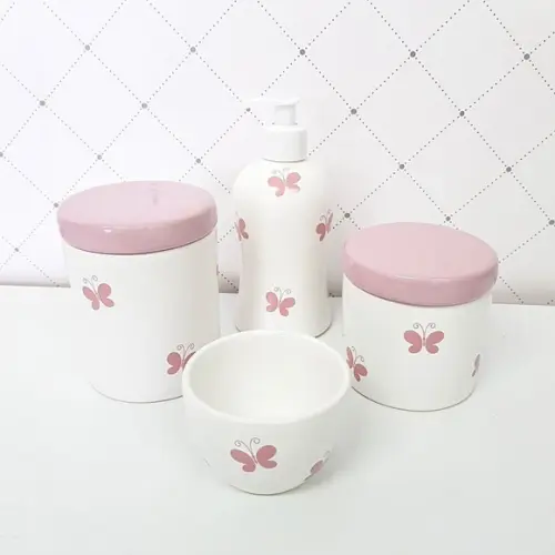 Kit Higiene 4 Peças Branco e Rosa Bebê - Borboleta Rosa