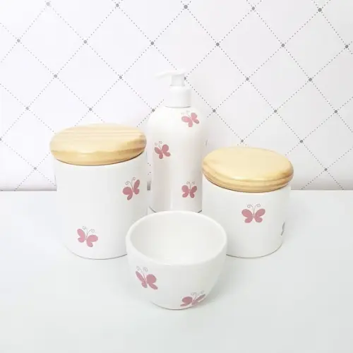 Kit Higiene 4 Peças Branco e Rosa Bebê - Borboleta Pinus