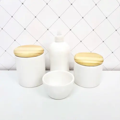 Kit Higiene 4 Peças Branco Tampinha de Madeira Pinus