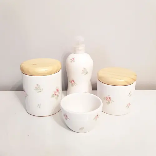 Kit Higiene 4 Peças Floral Rosé e Branco Pinus