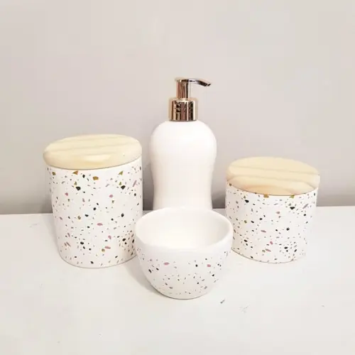 Kit Higiene 4 Peças Granilite Rosa e Branco