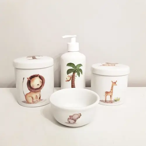 Kit Higiene 4 Peças Porcelana - Safári (animais da Selva)