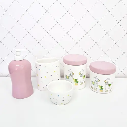 Kit Higiene 5 Peças Lhama - Rosa Bebê e Poás Coloridos