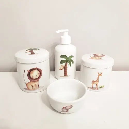 Kit Higiene 4 Peças Porcelana - Safári (animais da Selva)