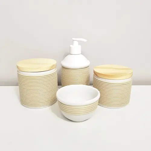 Kit Higiene 4 Peças Porcelana Alinhavado Bege Camurça Pinus