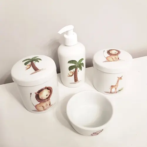 Kit Higiene 4 Peças Porcelana - Safári (animais da Selva)