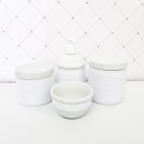 Kit Higiene 4 Peças Porcelana com Alinhavado - Branco