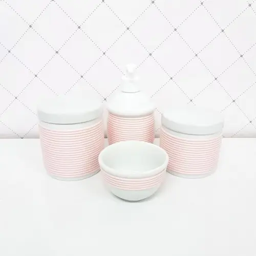 Kit Higiene 4 Peças Porcelana com Alinhavado - Rosé