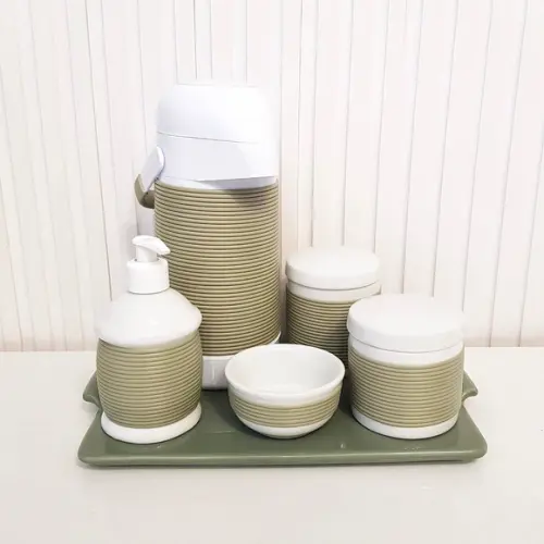 Kit Higiene Alinhavado Verde Oliva - Bandeja Reta