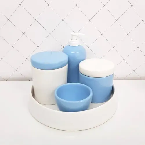 Kit Higiene Azul Bebê e Branco Cerâmica