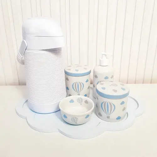 Kit Higiene Azul Bebê e Branco Balão - Nuvem + Alinhavada
