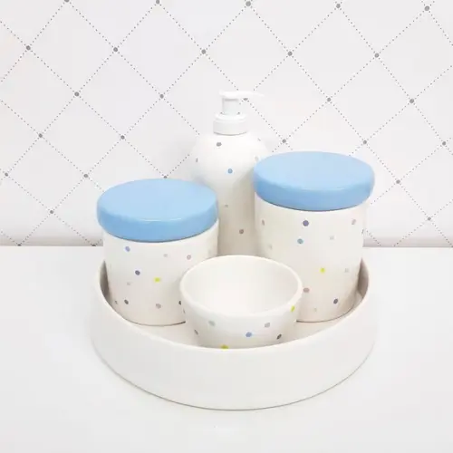 Kit Higiene Azul Bebê e Branco Poás Cerâmica
