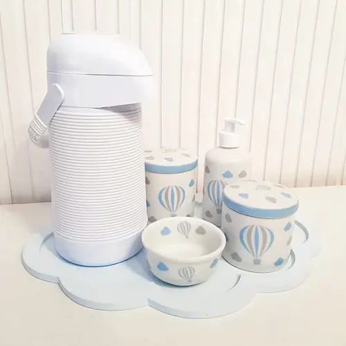 Kit Higiene Azul Bebê e Branco Balão - Nuvem + Alinhavada