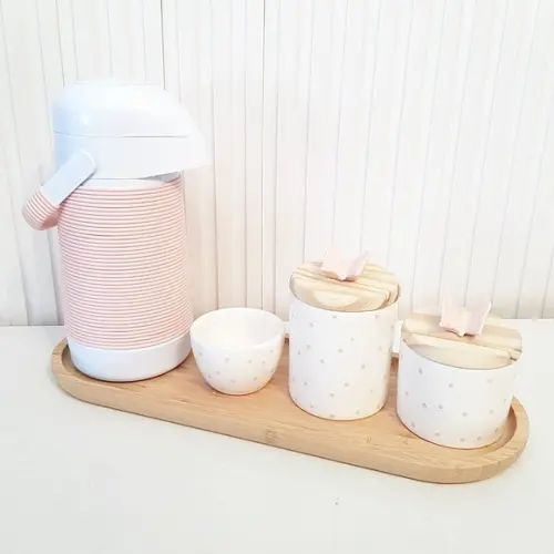 Kit Higiene Bebê 16x44cm Branco com Poás Rosé - Alinhavada