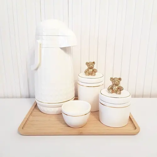 Kit Higiene Bebê 23x33cm Branco, Dourado + Ursinho