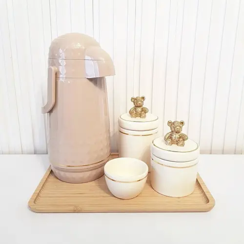 Kit Higiene Bebê 23x33cm Creme, Dourado + Ursinho