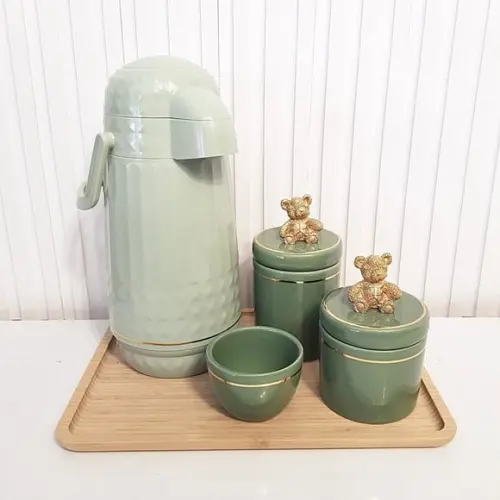 Kit Higiene Bebê 23x33cm Verde Militar, Dourado + Ursinho